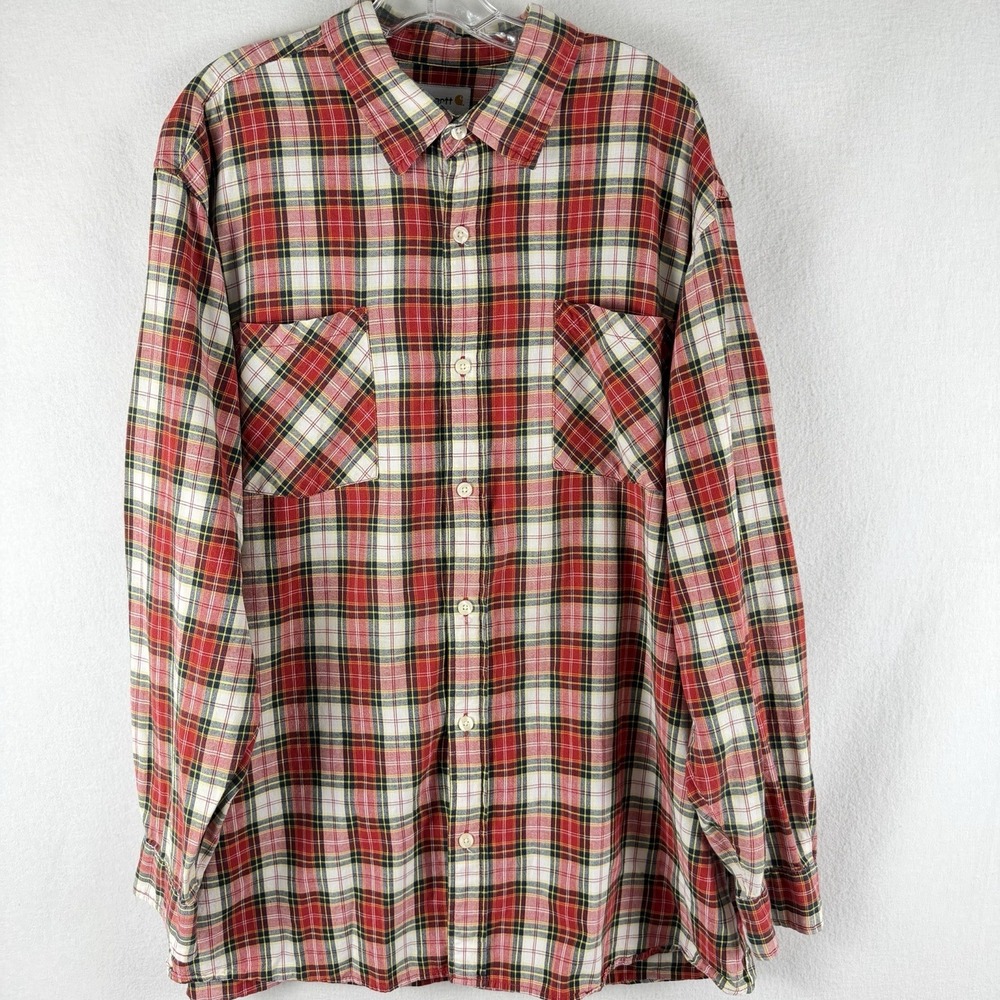 Carhartt Red Cream Plaid Button Up Sz XL Heavyweight 100% Cotton Diagonal Pocket